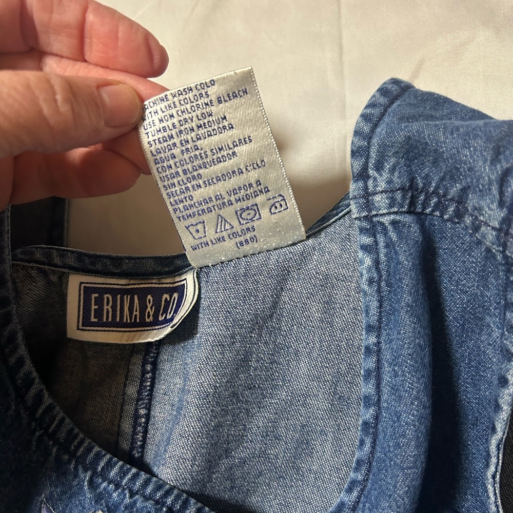 Vintage Erika Collection Blue Denim Cotton Jumper Dress Floral Accent Medium - Picture 14 of 14